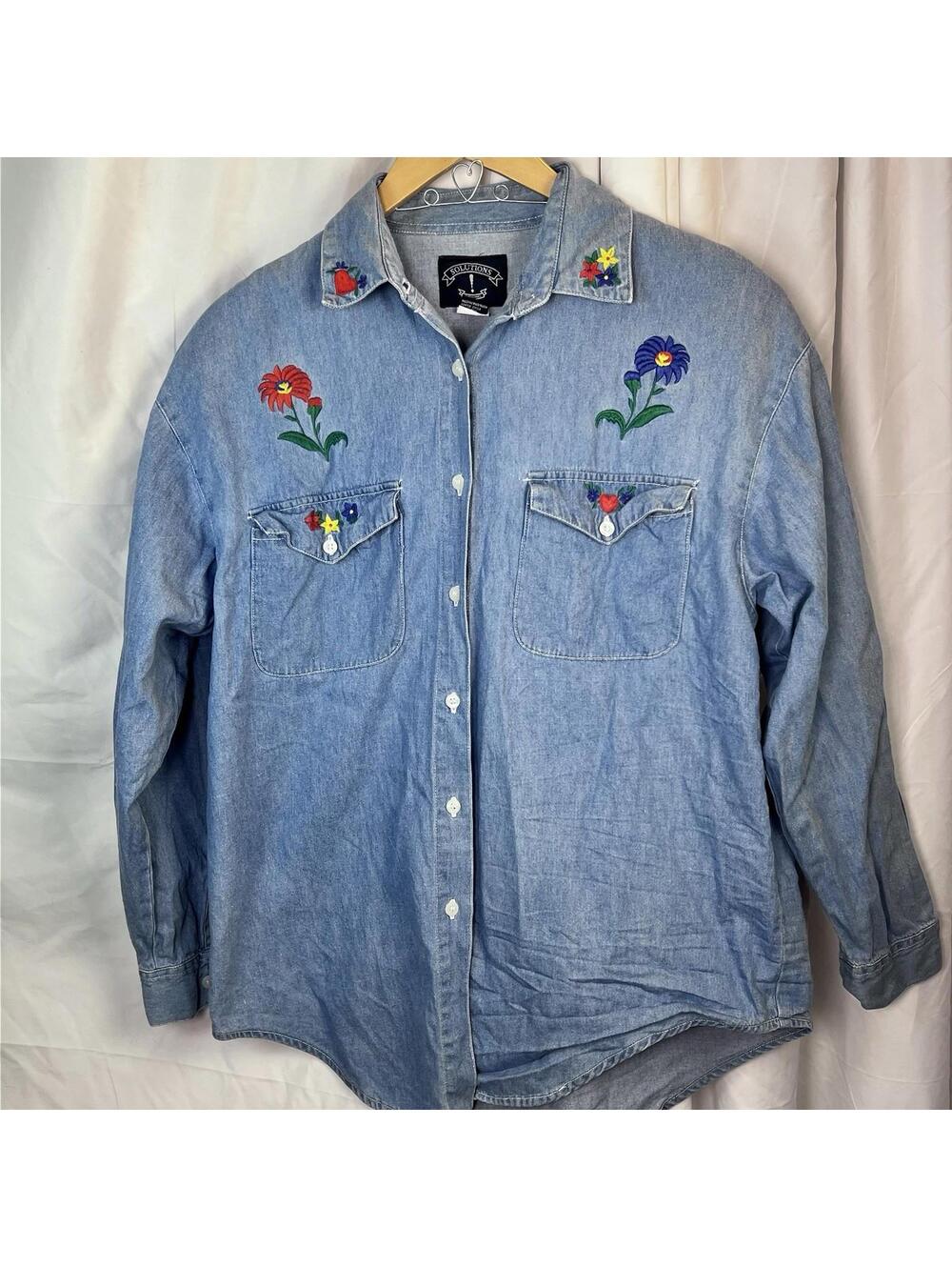 Vintage Solutions Original Denim Shirt W/ Embroidered Flowers, Size Large EUC